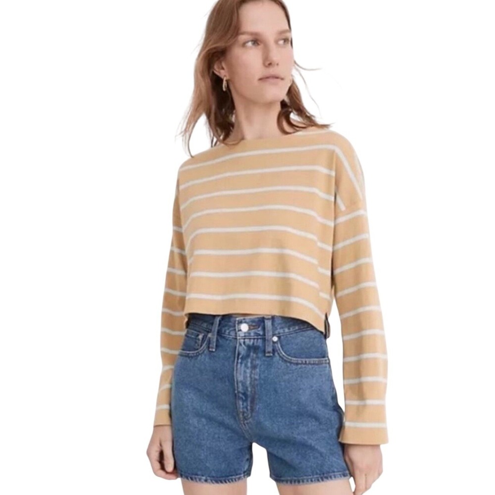 Madewell Supercrop Tee Shirt‎ Pure Cotton Striped Wide Crew Neck Cropped Size S